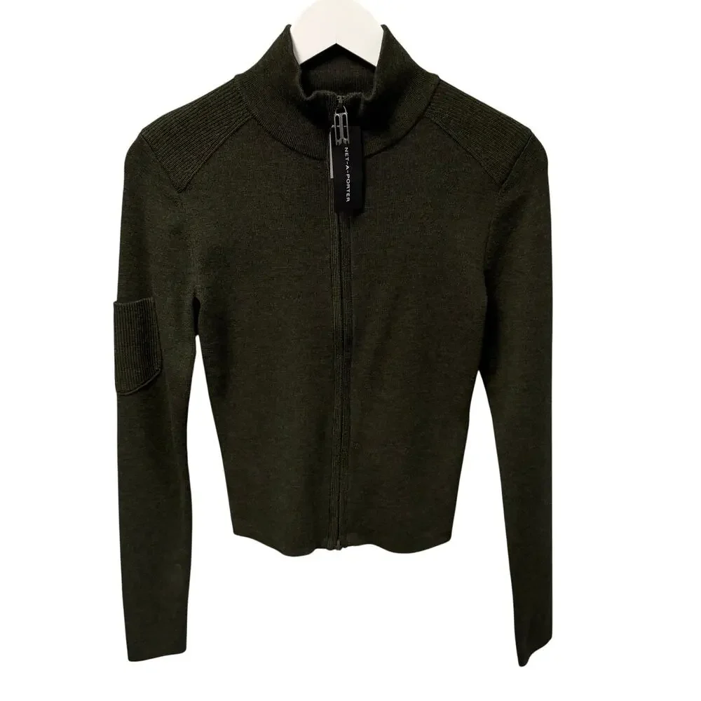NWT Victoria Beckham Fine Merino Wool Blend Zip Up Jacket Oregano Green Small - Picture 2 of 9